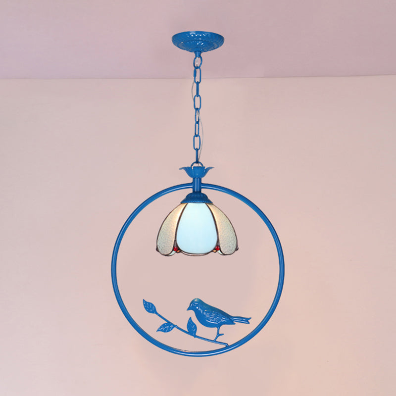 Blue Ring Pendulum Light Vintage 1 Head Tiffany Glass Pendant Ceiling Lamp for Bedroom