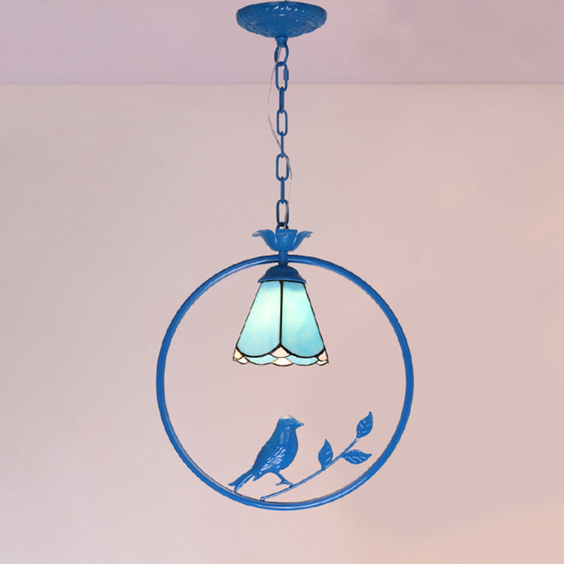 Blue Ring Pendulum Light Vintage 1 Head Tiffany Glass Pendant Ceiling Lamp for Bedroom