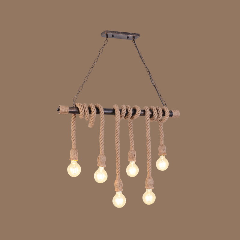 Exposed Bulb Pendant Lighting Farmhouse Wood Hemp Rope Island Light for Restaurant