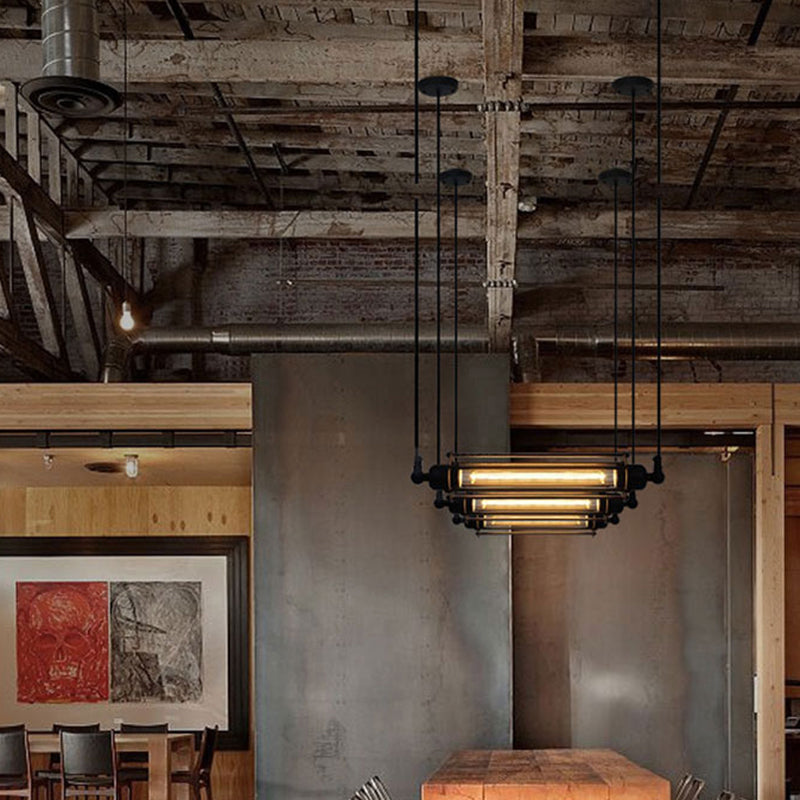 Black Finish Tube Pendant Ceiling Light Rustic Iron 1-Bulb Restaurant Hanging Lamp over Island