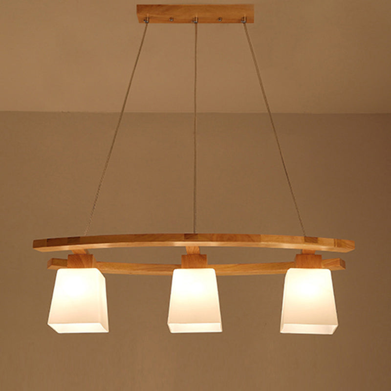 Trapezoid Dining Room Island Lamp Ivory Glass 3-Bulb Minimalist Suspension Pendant Light in Wood