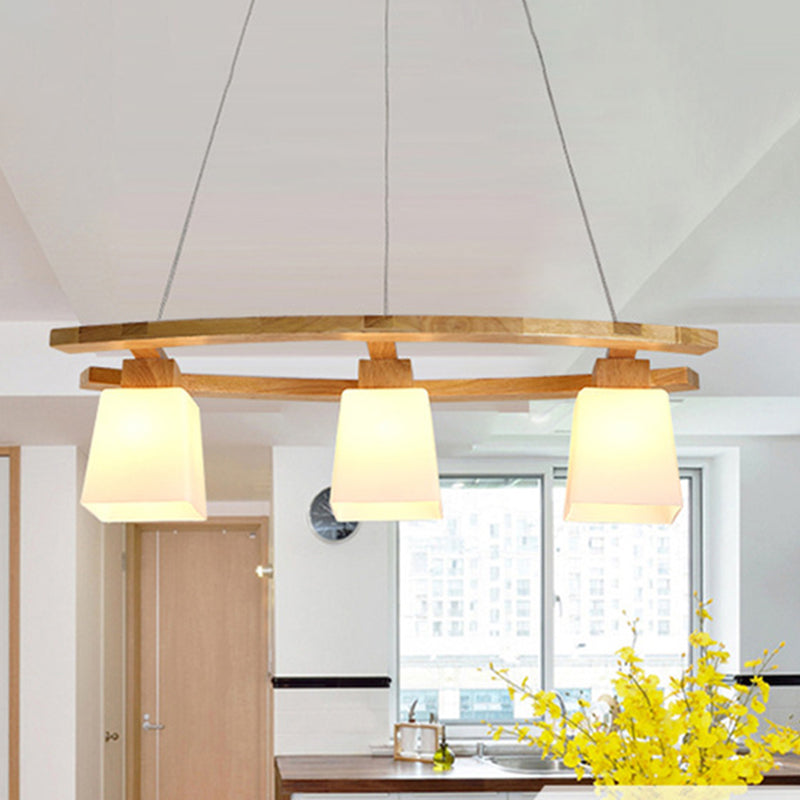 Trapezoid Dining Room Island Lamp Ivory Glass 3-Bulb Minimalist Suspension Pendant Light in Wood