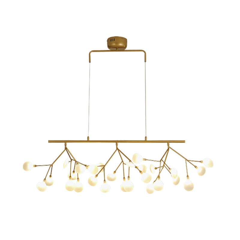 Minimalist 27-Bulb Island Light Brass Finish Branch Hanging Lamp with Glass Shade