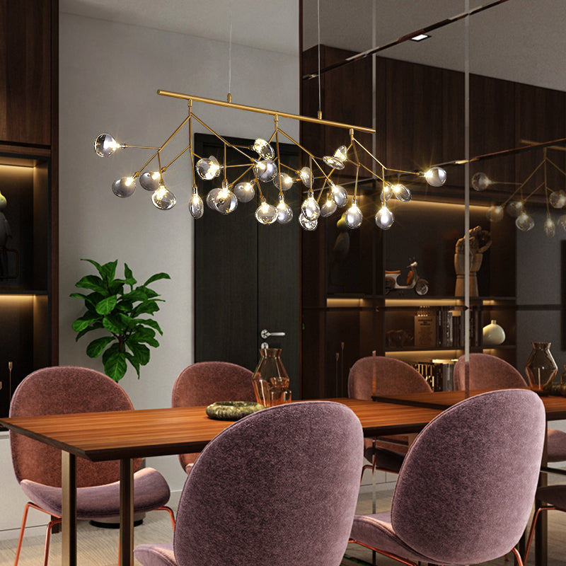 Minimalist 27-Bulb Island Light Brass Finish Branch Hanging Lamp with Glass Shade