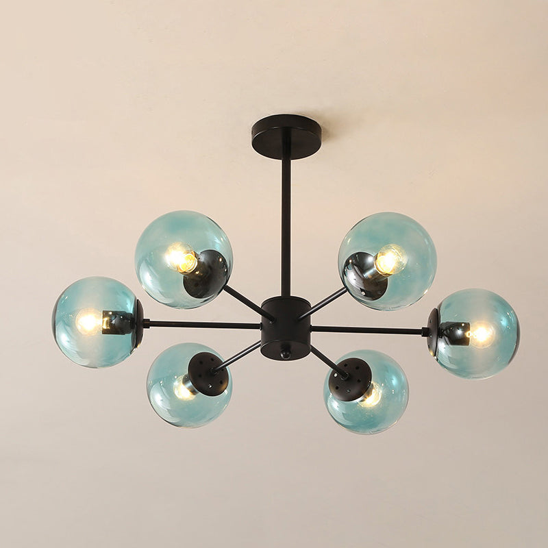 Amber/Blue/Clear Glass Spherical Chandelier Light Post Modern 6/8/10 Lights Black Pendant Lamp for Bedroom