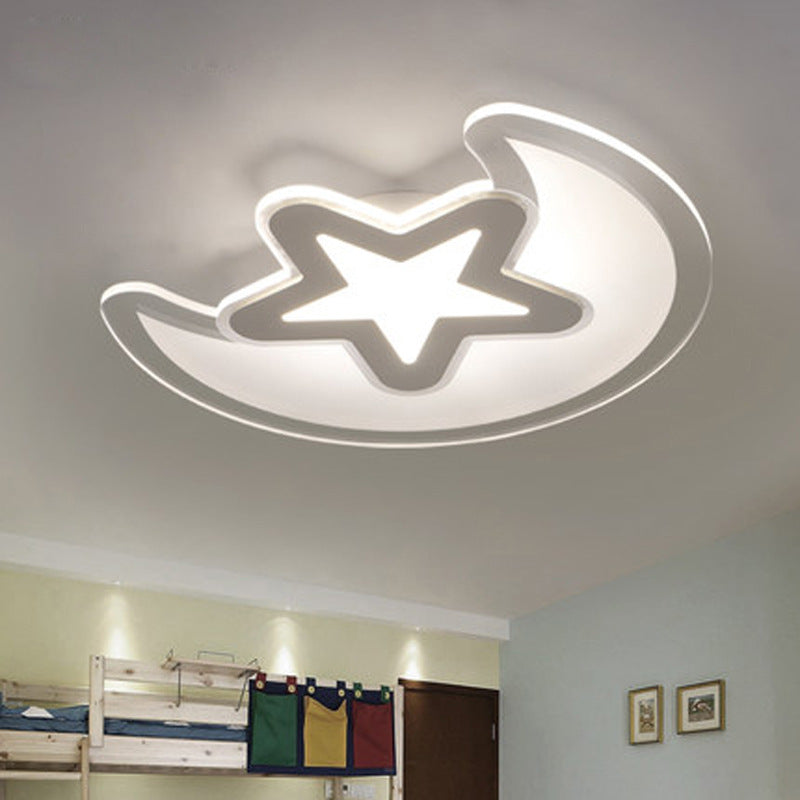 Crescent and Star Childrens Room Ceiling Light Acrylic LED Cartoon Flush Mount Fixture in White