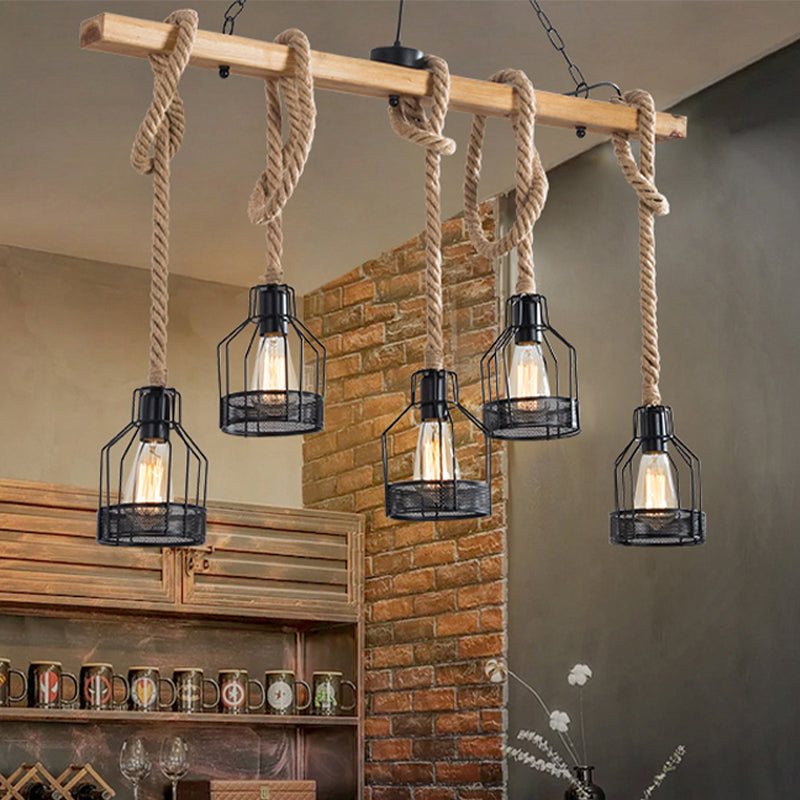 Wood Hanging Island Light Farmhouse Metal Bottle Shaped Cage Pendant Lamp for Restaurant