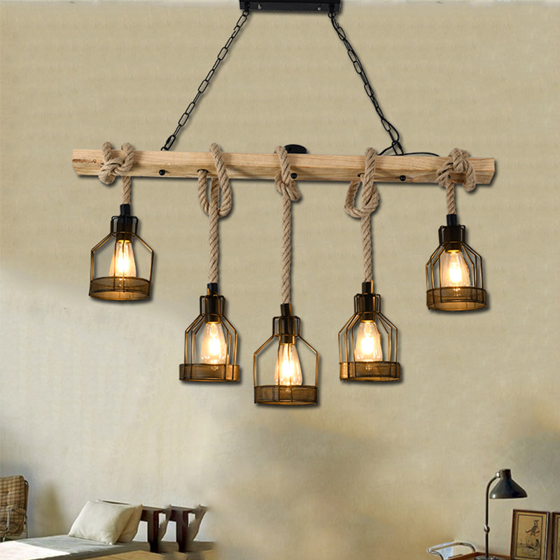 Wood Hanging Island Light Farmhouse Metal Bottle Shaped Cage Pendant Lamp for Restaurant