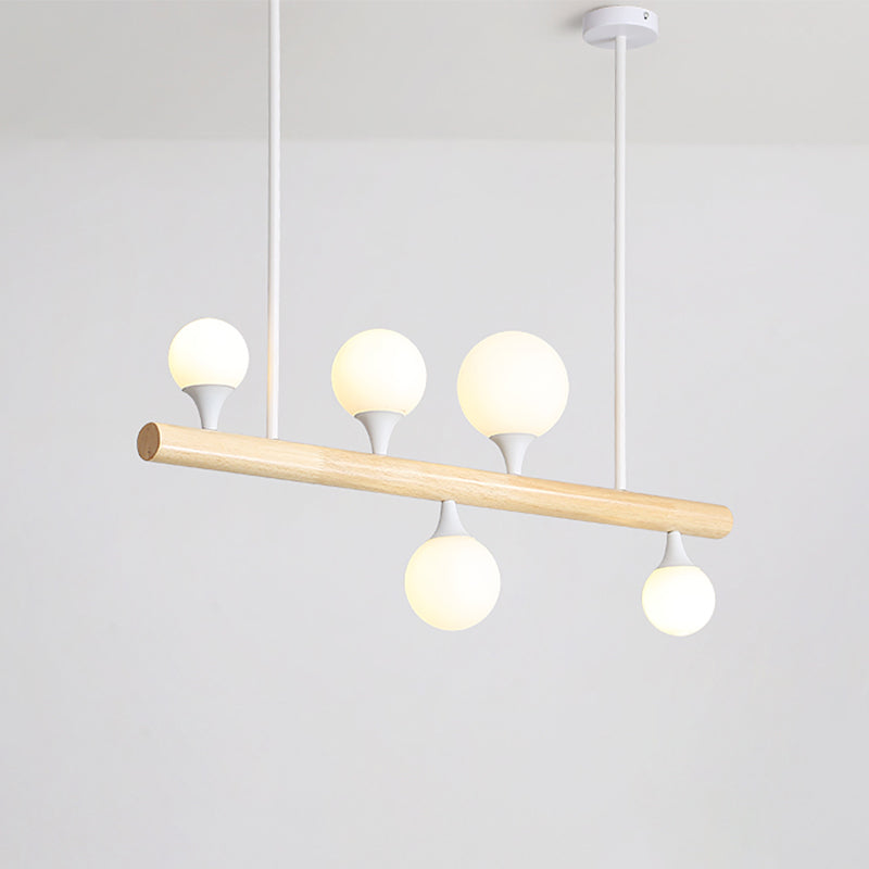 Wood Linear Hanging Island Light Minimalism Opal Ball Glass Drop Pendant for Restaurant