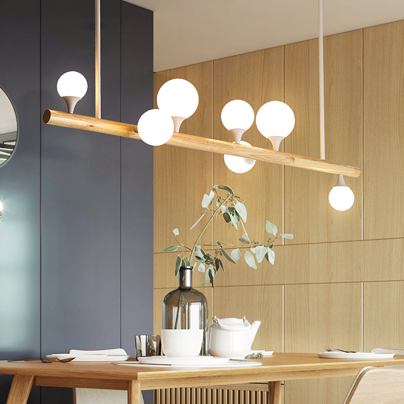 Wood Linear Hanging Island Light Minimalism Opal Ball Glass Drop Pendant for Restaurant