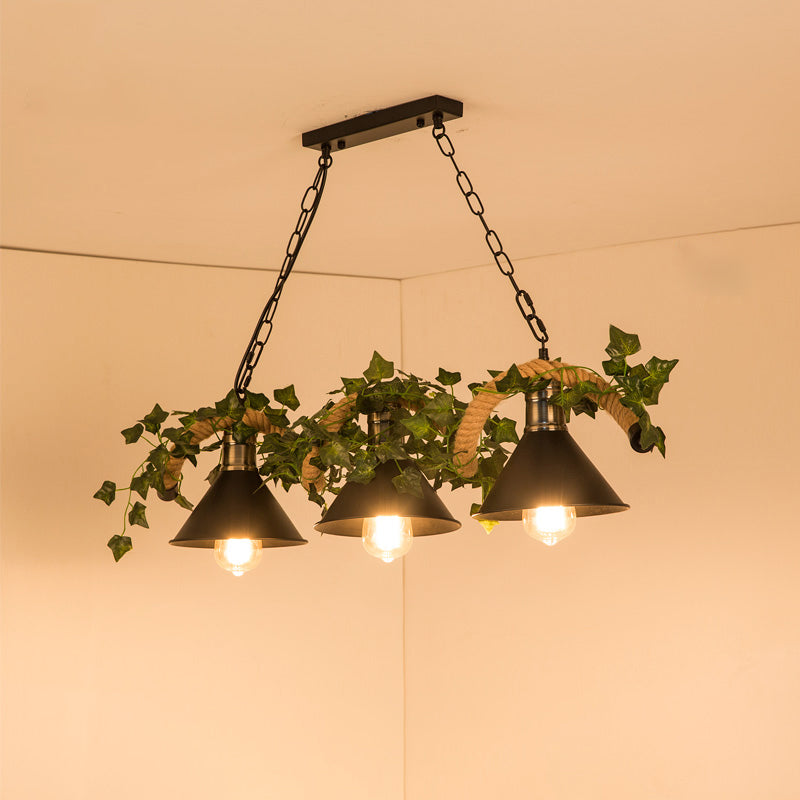 Farmhouse Shaded Pendant Lamp Metallic Hanging Island Light with Faux Plant in Green