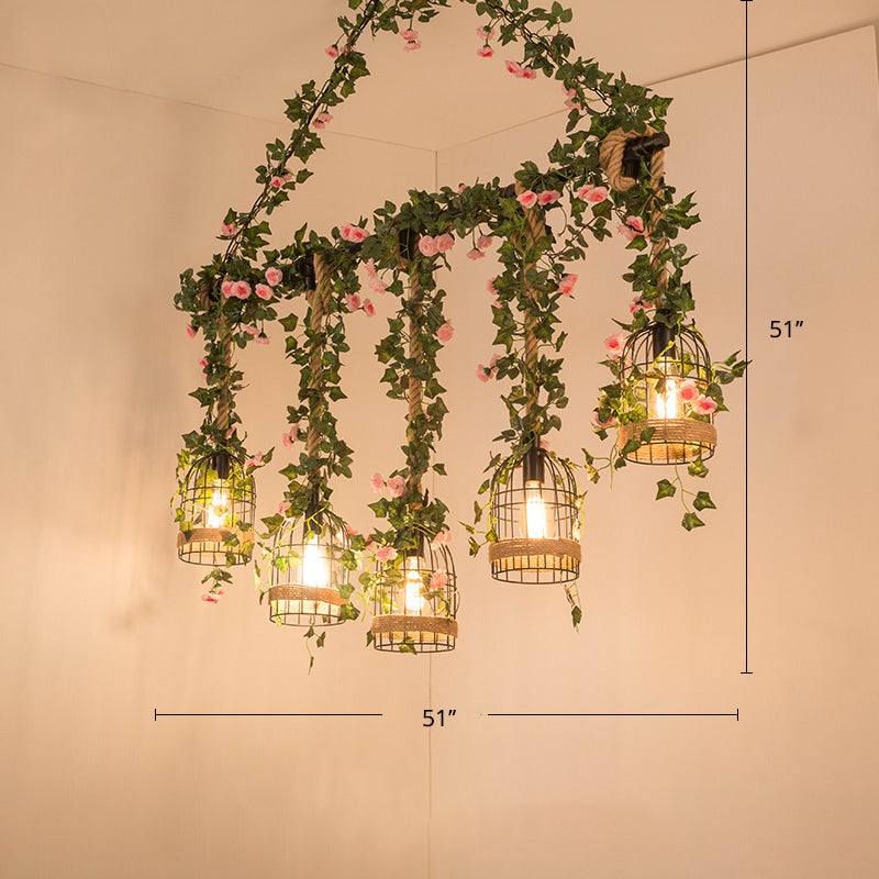 Farmhouse Shaded Pendant Lamp Metallic Hanging Island Light with Faux Plant in Green