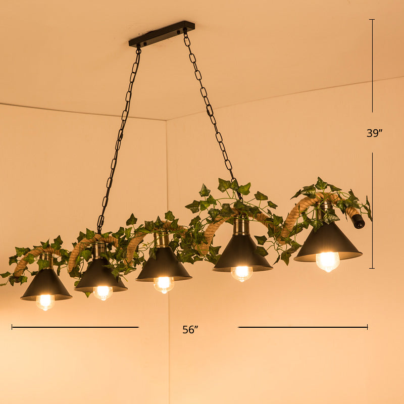 Farmhouse Shaded Pendant Lamp Metallic Hanging Island Light with Faux Plant in Green