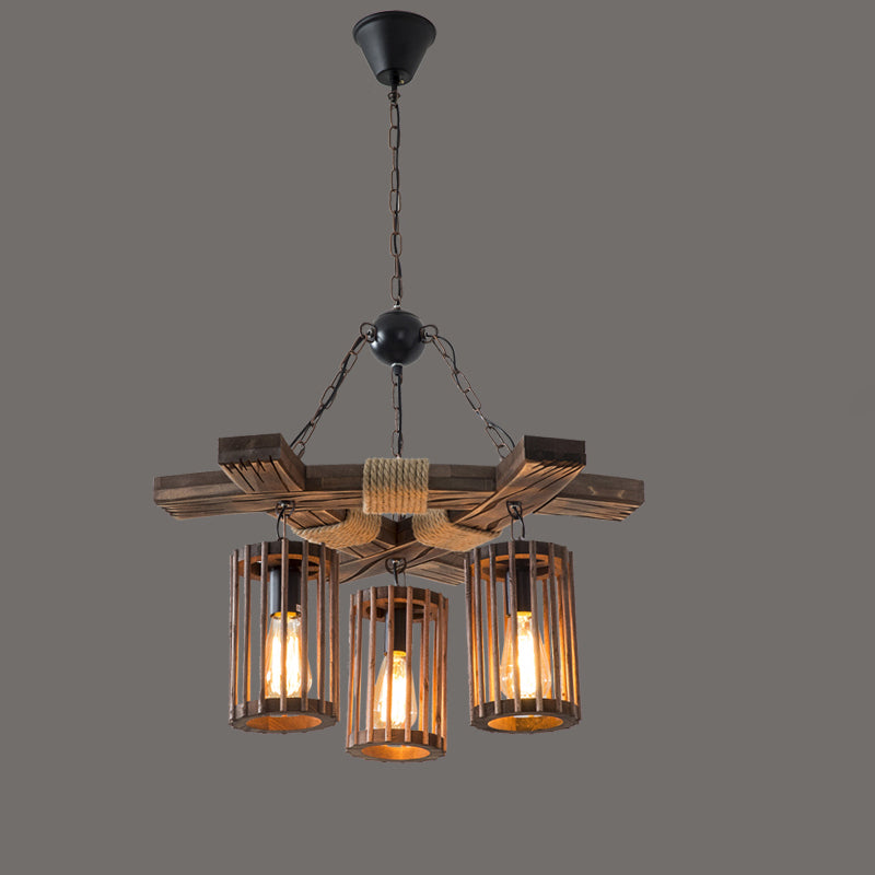 Farmhouse Cylindrical Cage Chandelier Light Wooden Hanging Lamp Kit for Dining Room