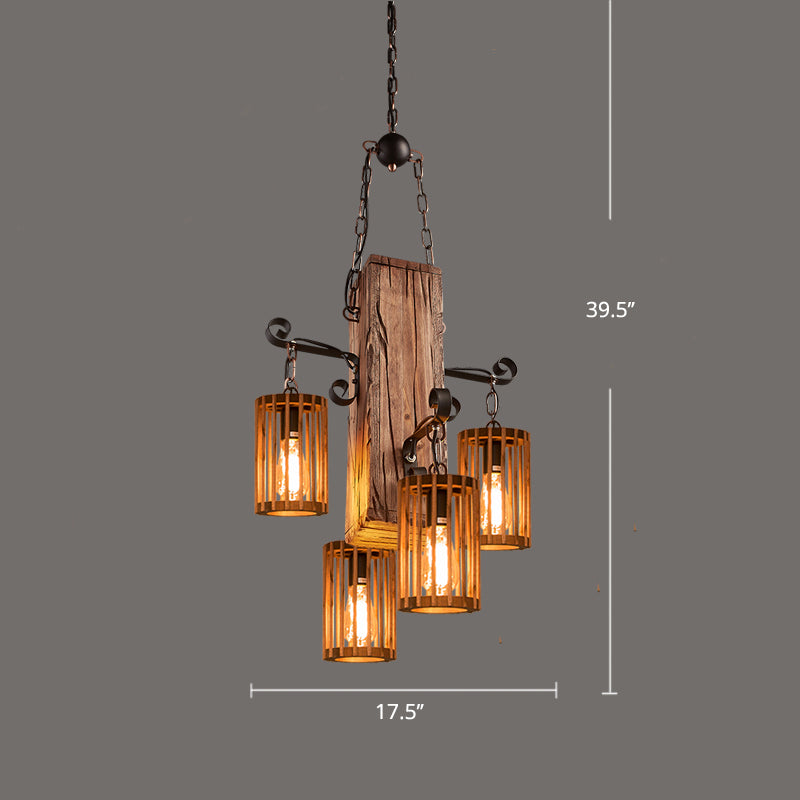 Farmhouse Cylindrical Cage Chandelier Light Light Wooden suspendre lampe pour salle à manger