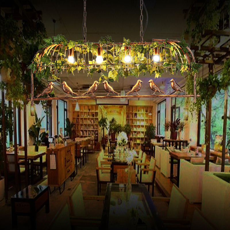 Bronze Birdcage Island Light Fixture Country Iron 4-Bulb Bar Suspension Light with Bird and Faux Ivy