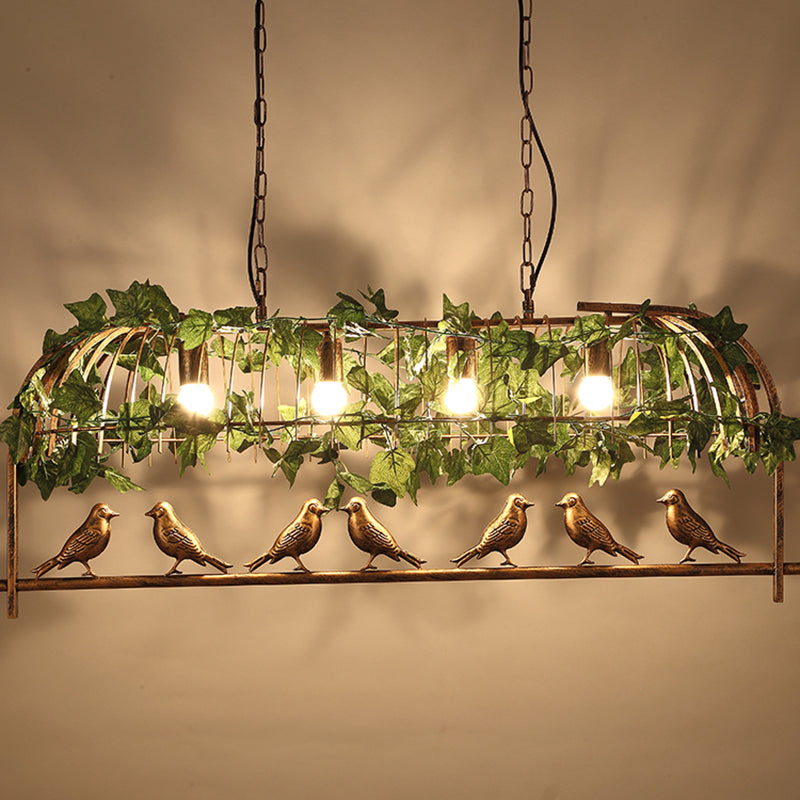 Bronze Birdcage Island Light Fixture Country Iron 4-Bulb Bar Suspension Light with Bird and Faux Ivy