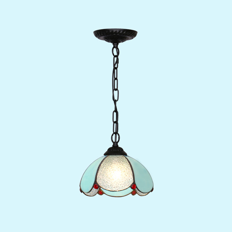 Mediterranean Dome Pendant Lighting Fixture Single Hand-Crafted Glass Hanging Light for Restaurant