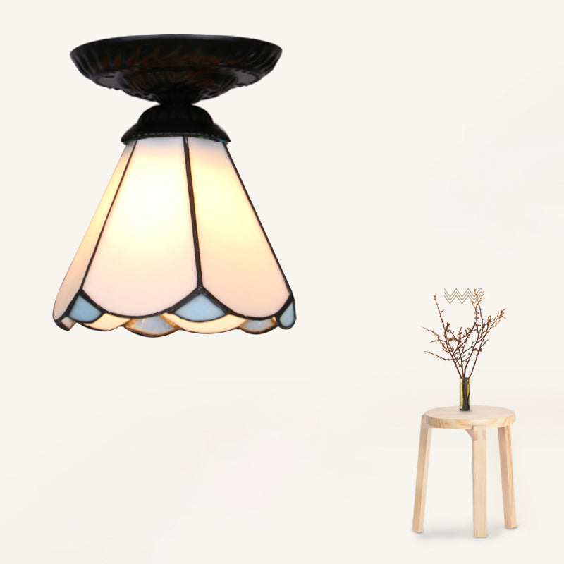 Single Flower Ceiling Mounted Light Vintage Handcrafted Stained Glass Flushmount Lighting for Aisle