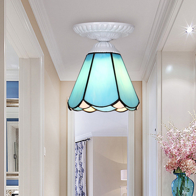 Single Flower Ceiling Mounted Light Vintage Handcrafted Stained Glass Flushmount Lighting for Aisle