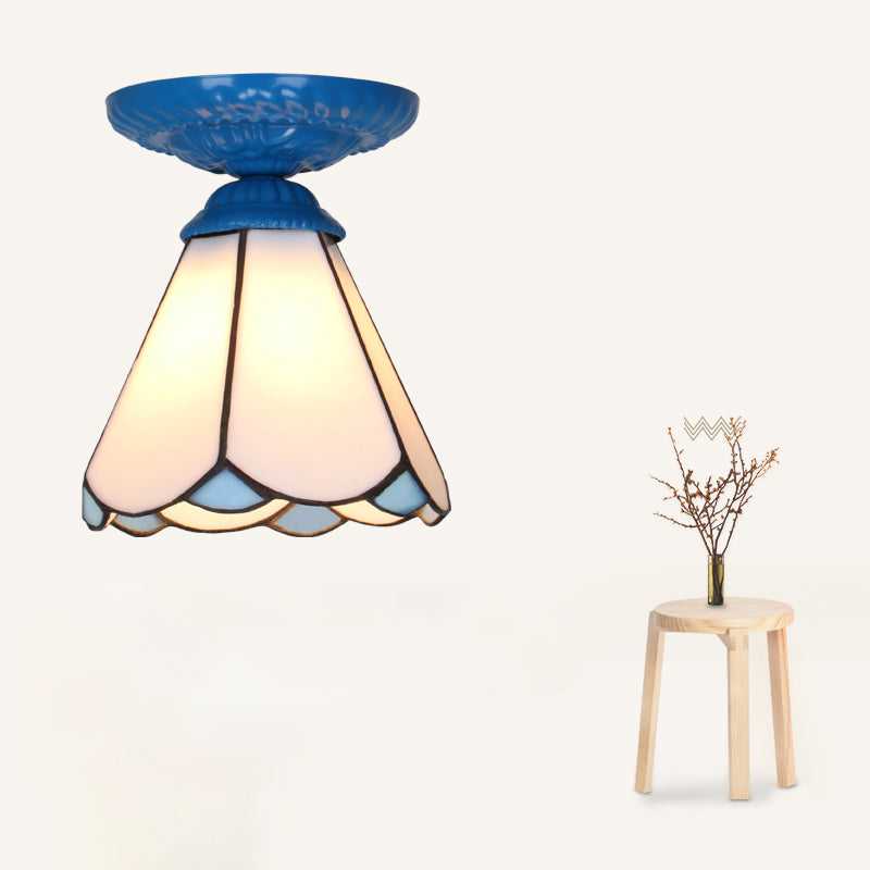 Single Flower Ceiling Mounted Light Vintage Handcrafted Stained Glass Flushmount Lighting for Aisle