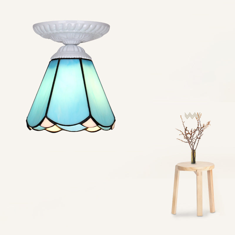 Single Flower Ceiling Mounted Light Vintage Handcrafted Stained Glass Flushmount Lighting for Aisle