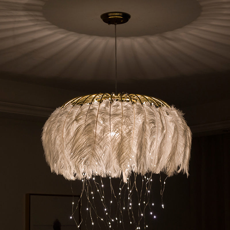 Lampadario rotondo lampadario a sospensione con soffitto da letto con piuma nordico con corda a LED Firefly
