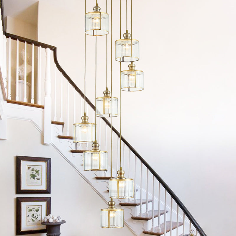 Brass Finish Cylinder Multiple Lamp Pendant Postmodern Ribbed Glass Hanging Light Fixture for Stairway