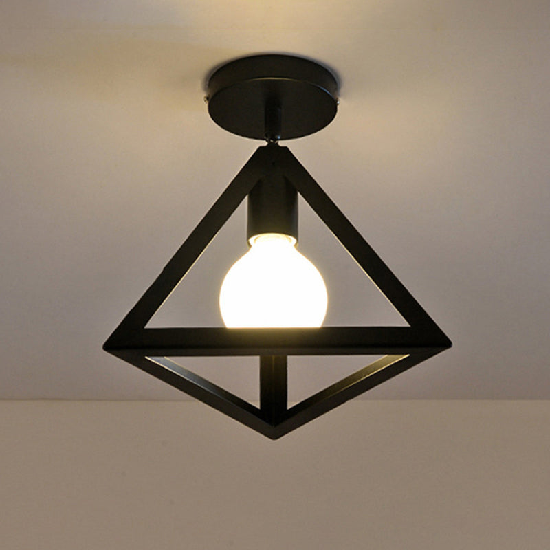 Iron Caged Flushmount Ceiling Lamp Industrial 1-Bulb Hallway Flush Mount Lighting in Black