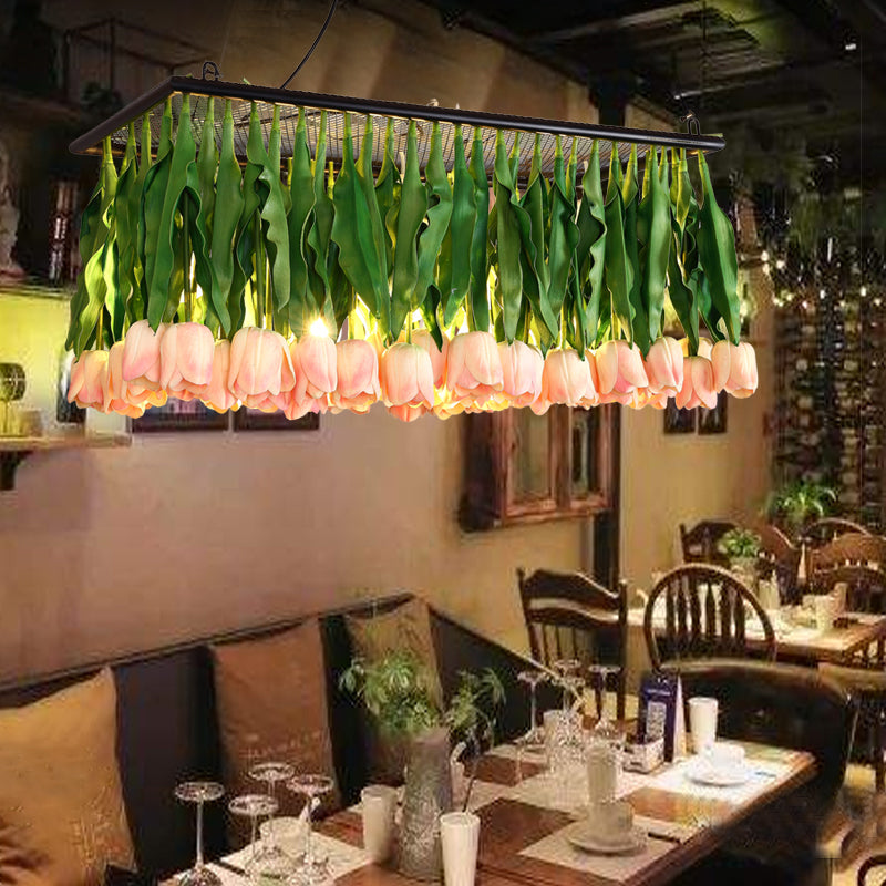 Tulip Bouquet Restaurant Suspension Lamp Rustic Metal 4-Light Green Island Light Fixture
