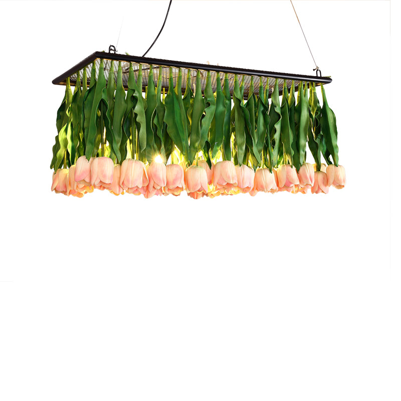 Tulip Bouquet Restaurant Suspension Lamp Rustic Metal 4-Light Green Island Light Fixture