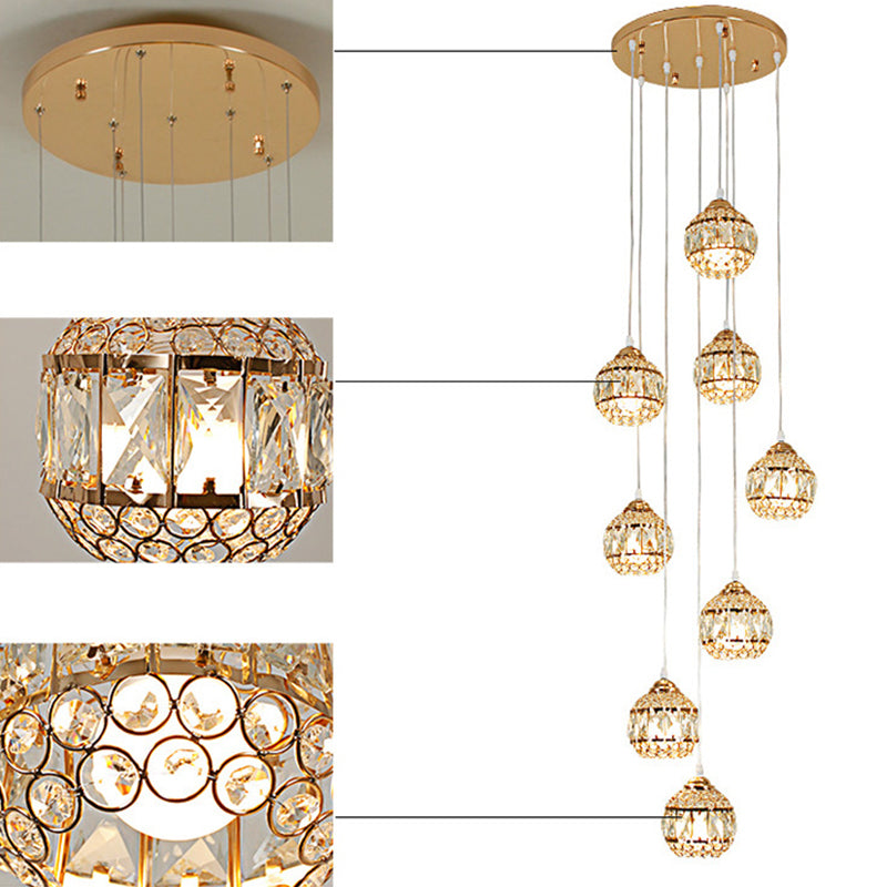 Crystal Encrusted Sphere Multi-Light Pendant Modern Style Ceiling Hanging Lantern in Gold for Staircase