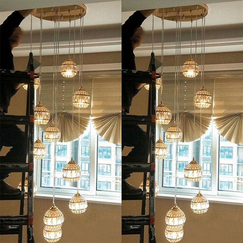 Crystal Encrusted Sphere Multi-Light Pendant Modern Style Ceiling Hanging Lantern in Gold for Staircase