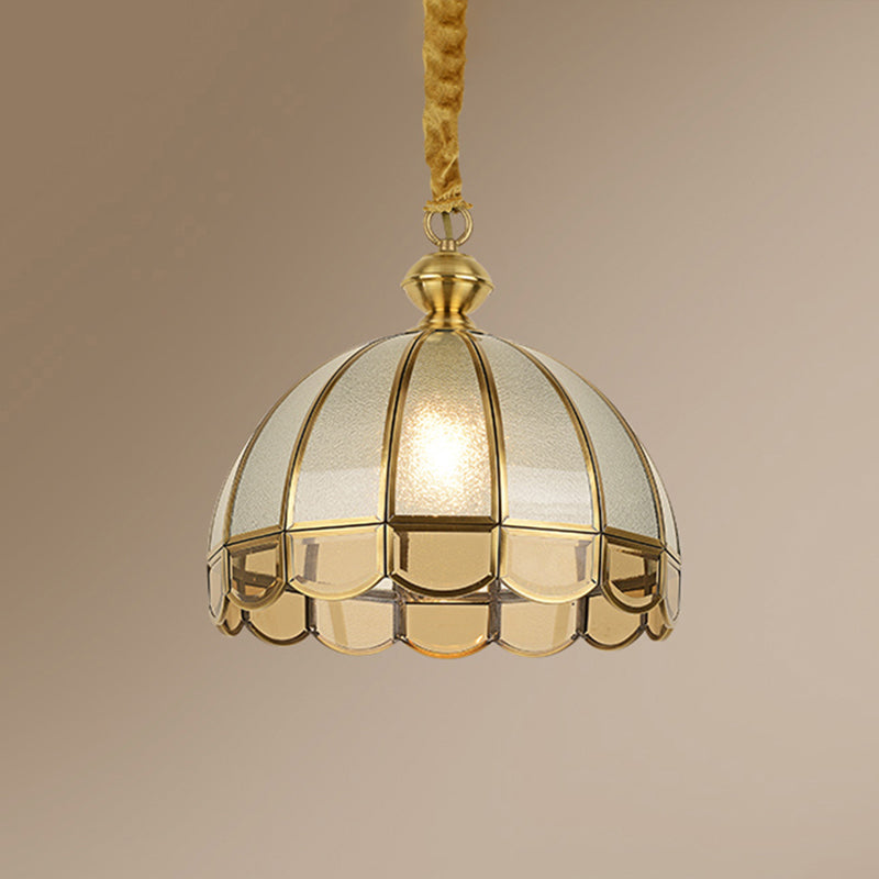 Dome Dining Room Pendule Light Antique Textured Verre 1 Head Gold Pendant Light avec bord festonné
