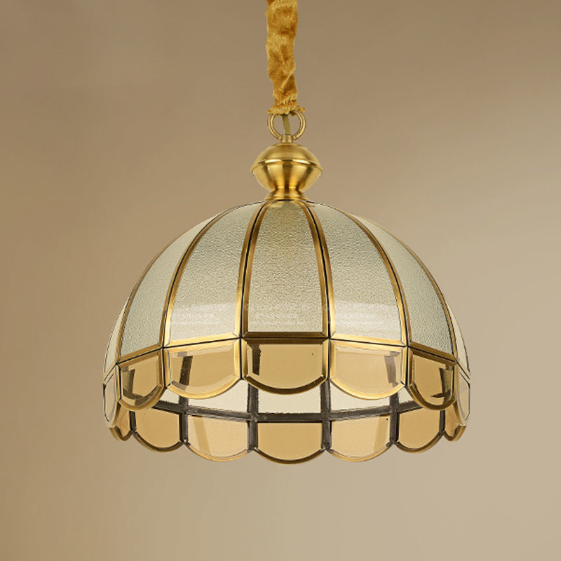 Dome Dining Room Pendulum Light Antique Textured Glass 1 Head Gold Pendant Light with Scalloped Edge
