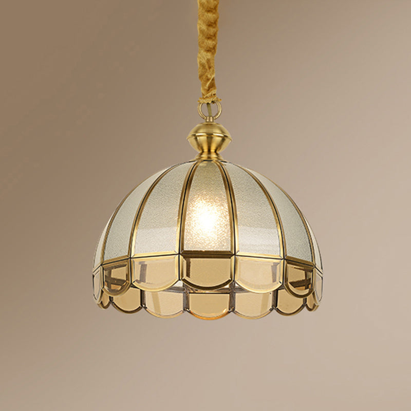 Dome Dining Room Pendulum Light Antique Textured Glass 1 Head Gold Pendant Light with Scalloped Edge