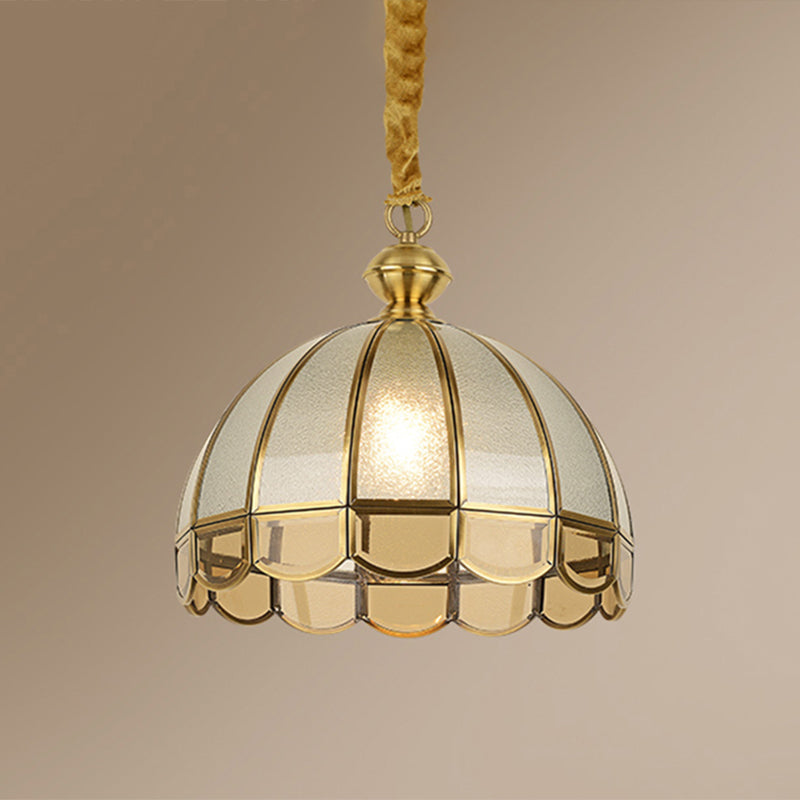 Domo comedor Péndulo Luz antigua vidrio texturizado 1 cabeza de oro Luz de oro con borde festoneado