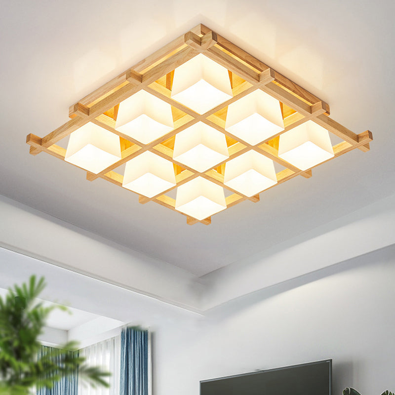 Checkered Wooden Ceiling Lighting Modernism Beige Flushmount Light with Opal Glass Shade
