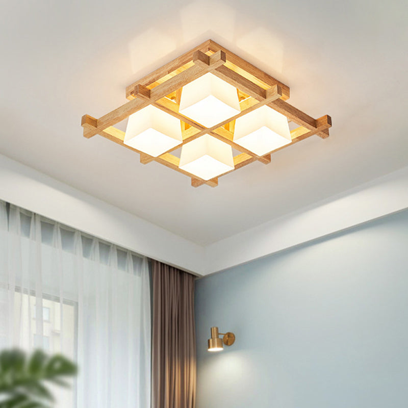 Checkered Wooden Ceiling Lighting Modernism Beige Flushmount Light with Opal Glass Shade