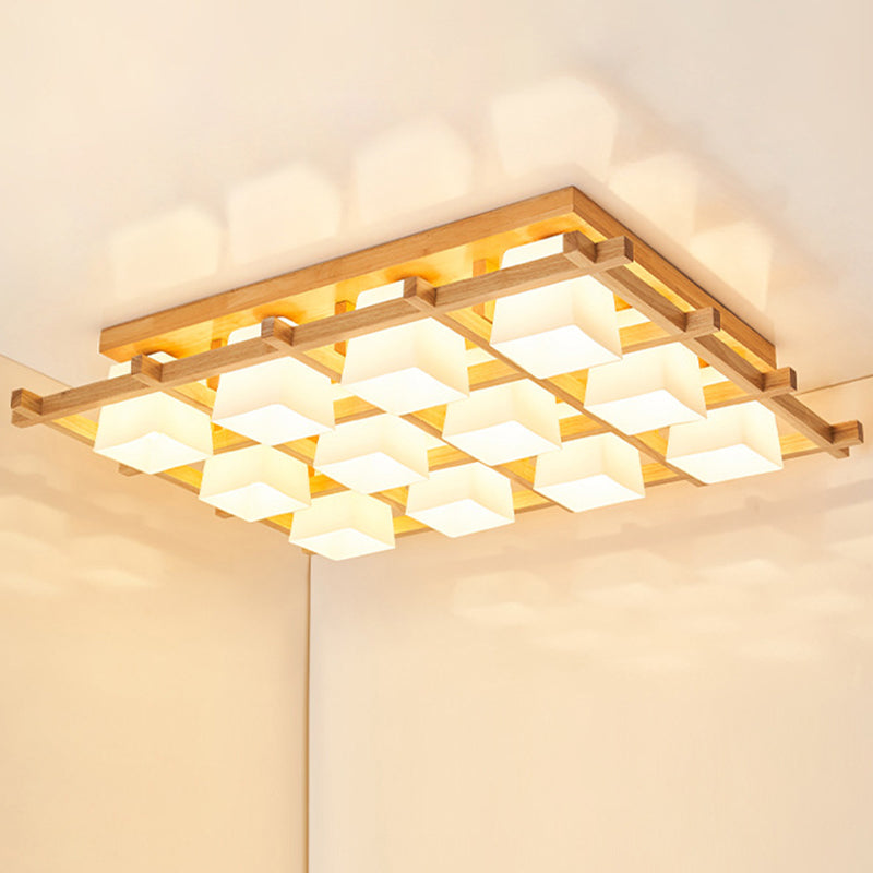 Checkered Wooden Ceiling Lighting Modernism Beige Flushmount Light with Opal Glass Shade