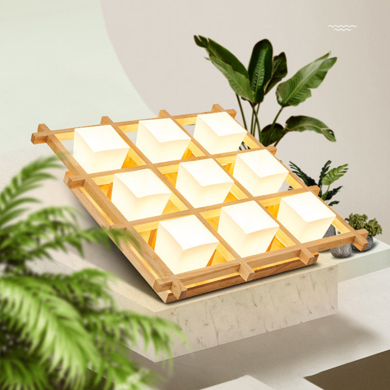 Checkered Wooden Ceiling Lighting Modernism Beige Flushmount Light with Opal Glass Shade