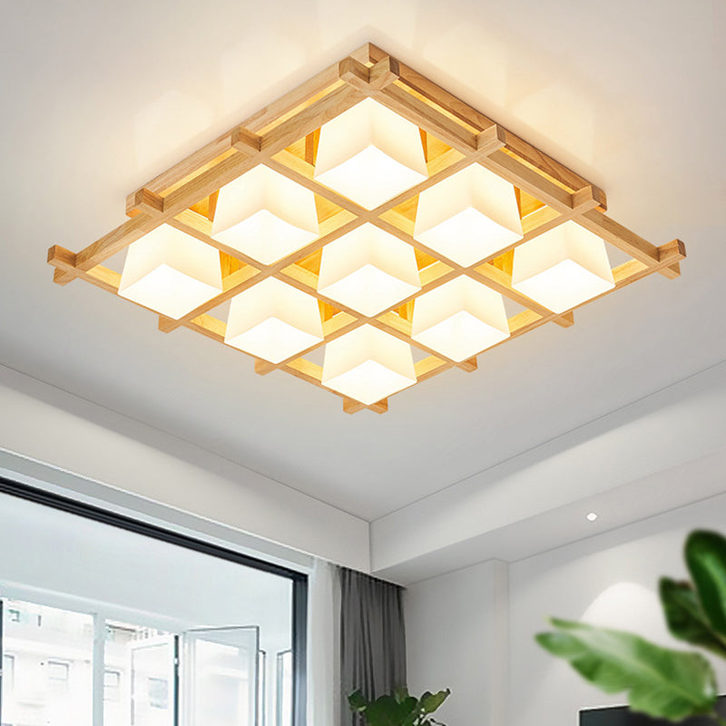 Checkered Wooden Ceiling Lighting Modernism Beige Flushmount Light with Opal Glass Shade