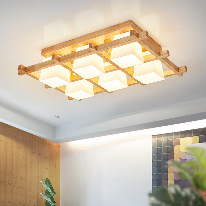 Checkered Wooden Ceiling Lighting Modernism Beige Flushmount Light with Opal Glass Shade