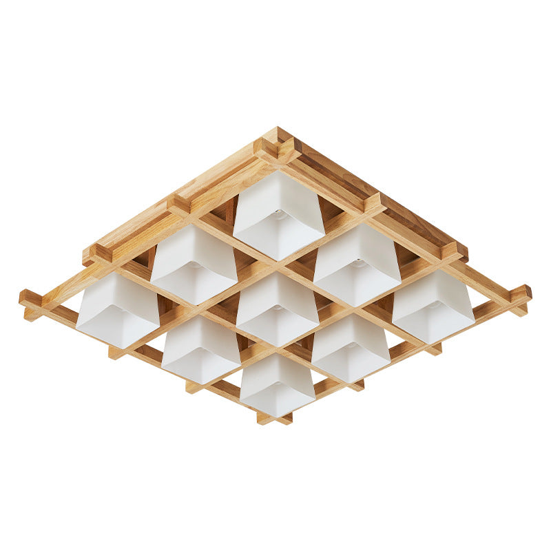 Checkered Wooden Ceiling Lighting Modernism Beige Flushmount Light with Opal Glass Shade
