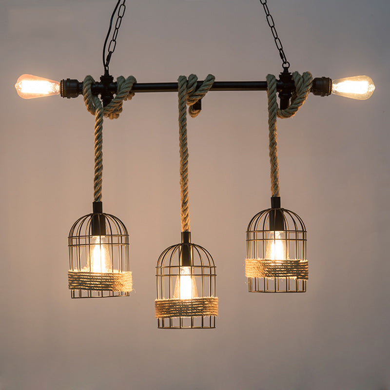 Birdcage Rope Island Ceiling Light Rustic 5-Light Dining Room Pendant Lighting in Black