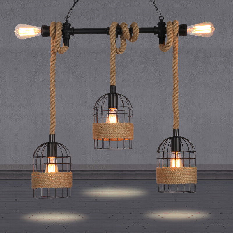 Birdcage Rope Island Ceiling Light Rustic 5-Light Dining Room Pendant Lighting in Black