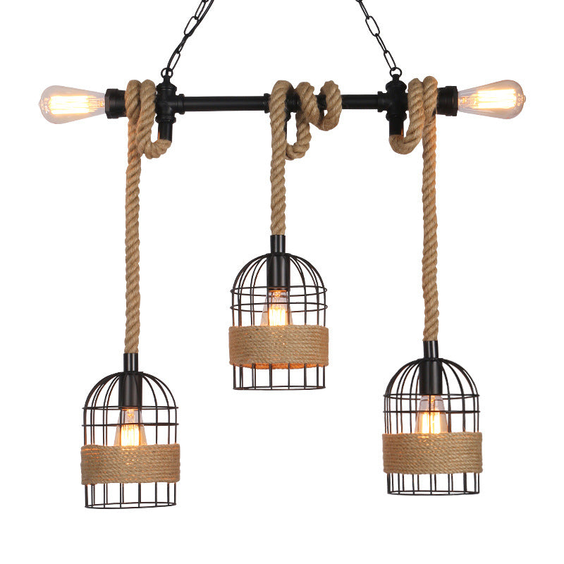 Birdcage Rope Island Ceiling Light Rustic 5-Light Dining Room Pendant Lighting in Black