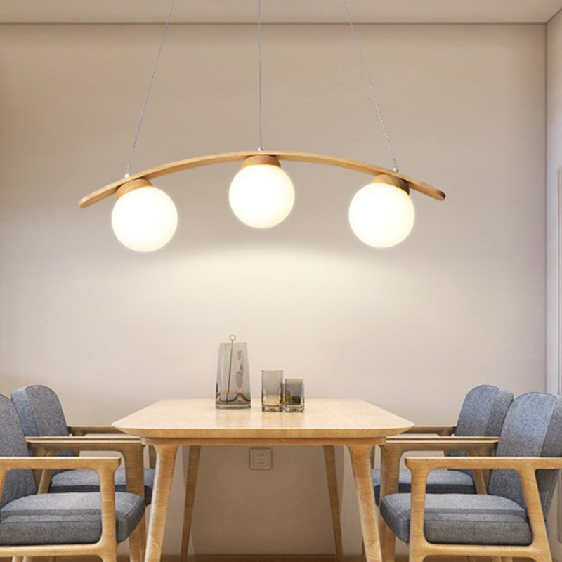 Arc Island Ceiling Light Nordic Wooden 3-Head Dining Room Hanging Lamp with Ball White Glass Shade