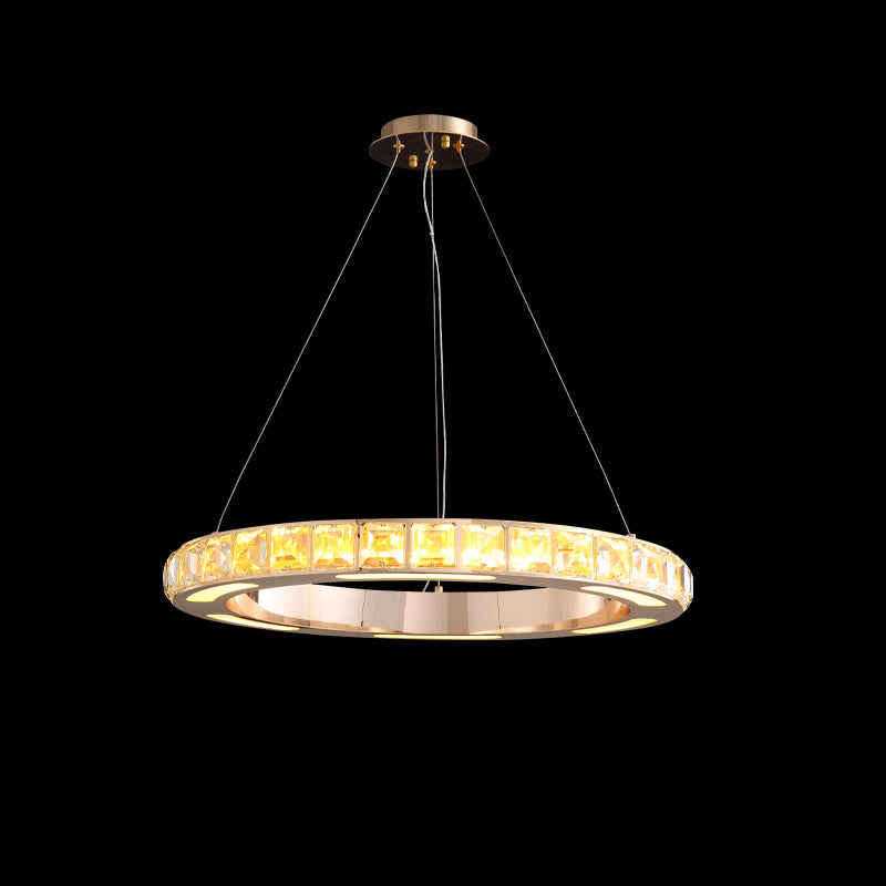 Gold Ring Shaped Chandelier Simple Crystal Embedded LED Pendant Light for Living Room