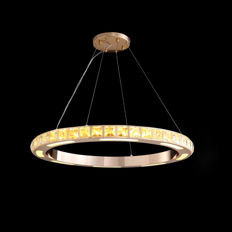 Gold Ring Shaped Chandelier Simple Crystal Embedded LED Pendant Light for Living Room